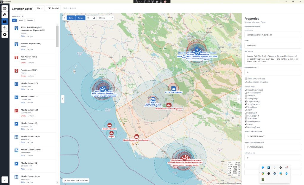 Campaign Editor with a Middle East map and campaign properties