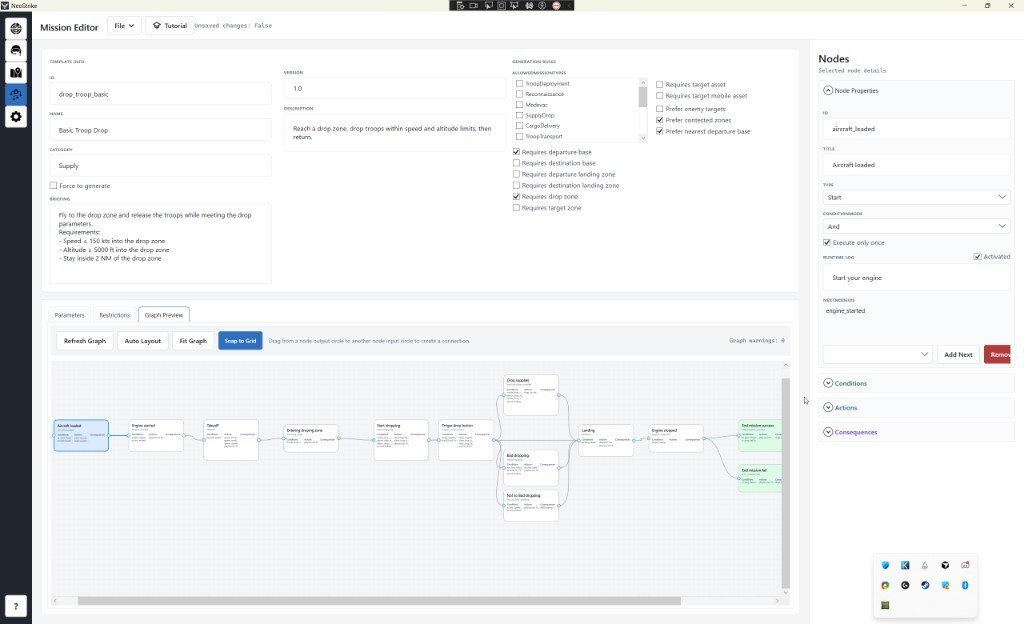 Mission Editor node graph with conditions and actions