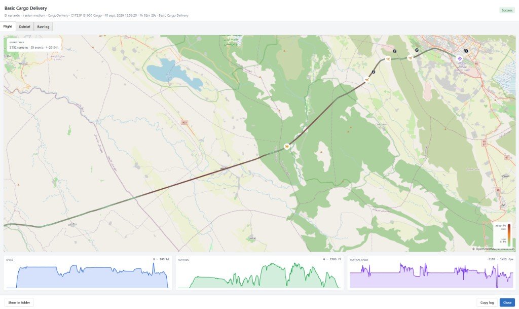 Flight log window with map track and speed, altitude and vertical speed graphs