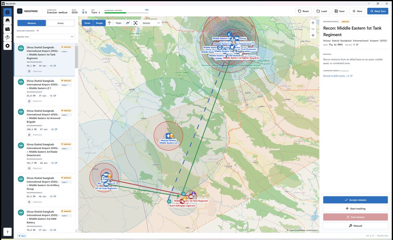 Campaign tab: mission list, map of southern Iran, recon briefing
