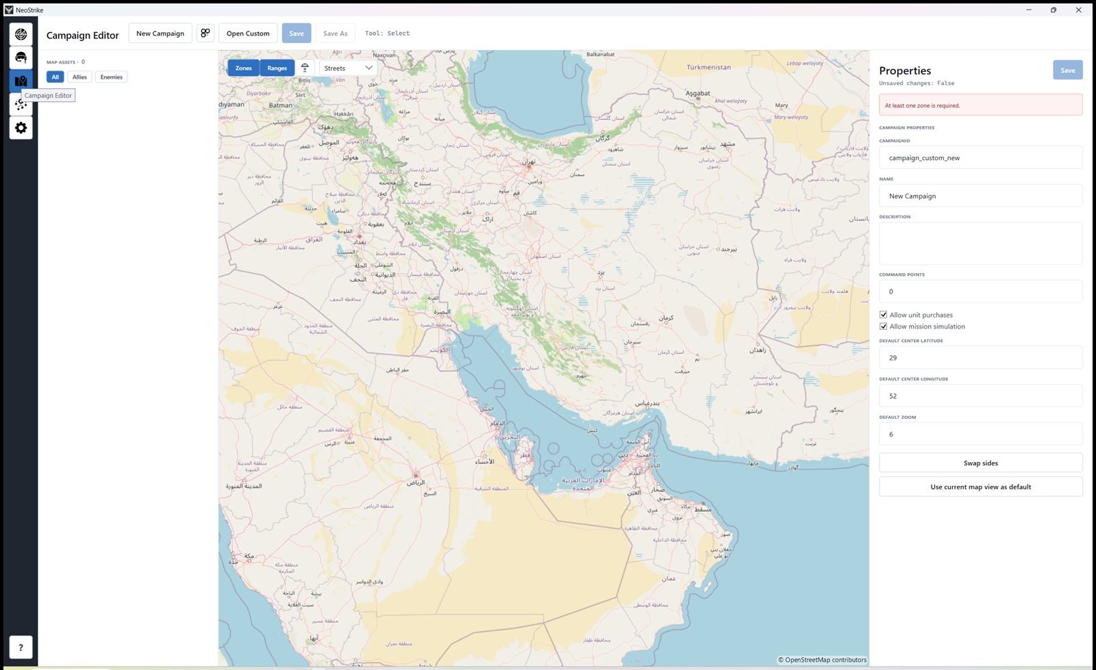 Campaign Editor with map of the Middle East and campaign properties