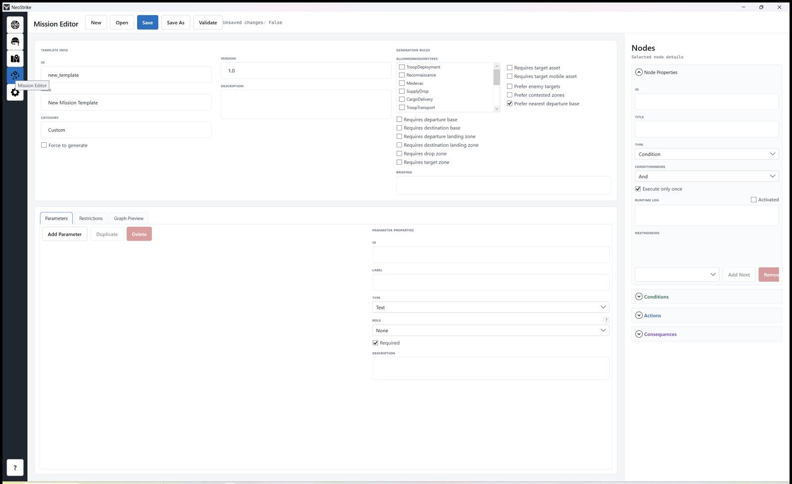 Mission Editor with template info, generation rules, parameters, and node panel
