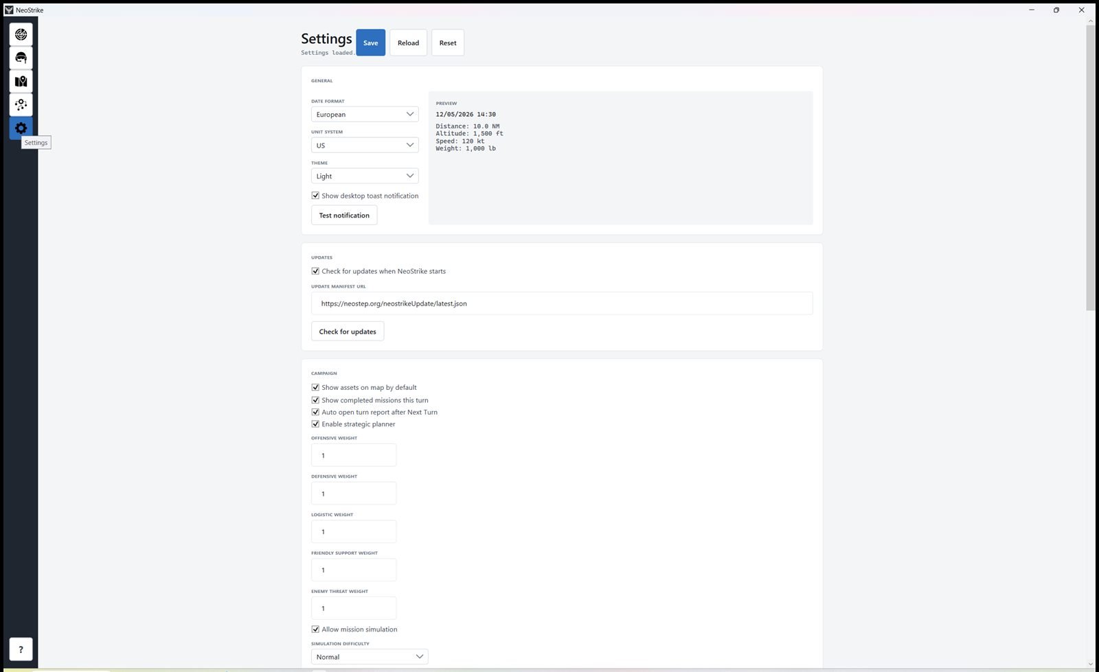 Settings: general units and theme, updates, campaign planner weights