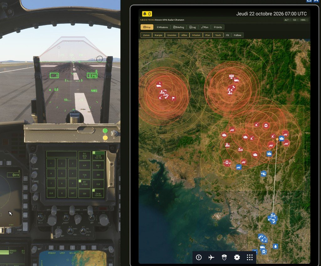 MSFS 2024 EFB showing the NeoStrike campaign map beside the cockpit during a recon mission
